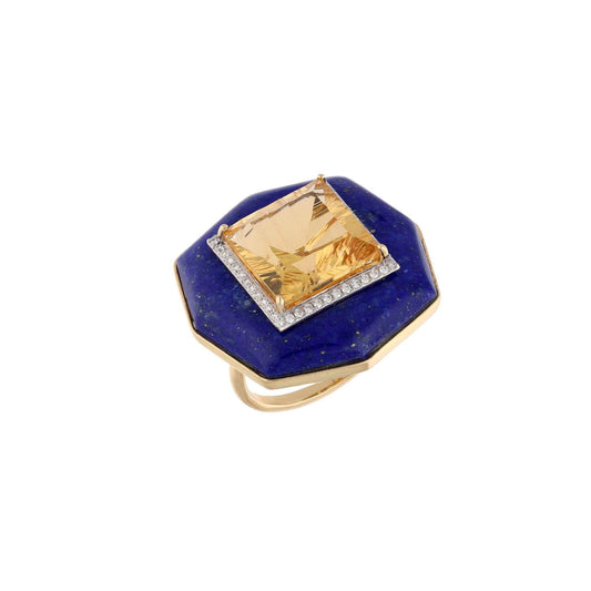 Exclusive 7.44 Cts citrine lapis statement ring 18k gold jewelry / Yellow gemstone art deco jewelry / Diamond anniversary gift gold