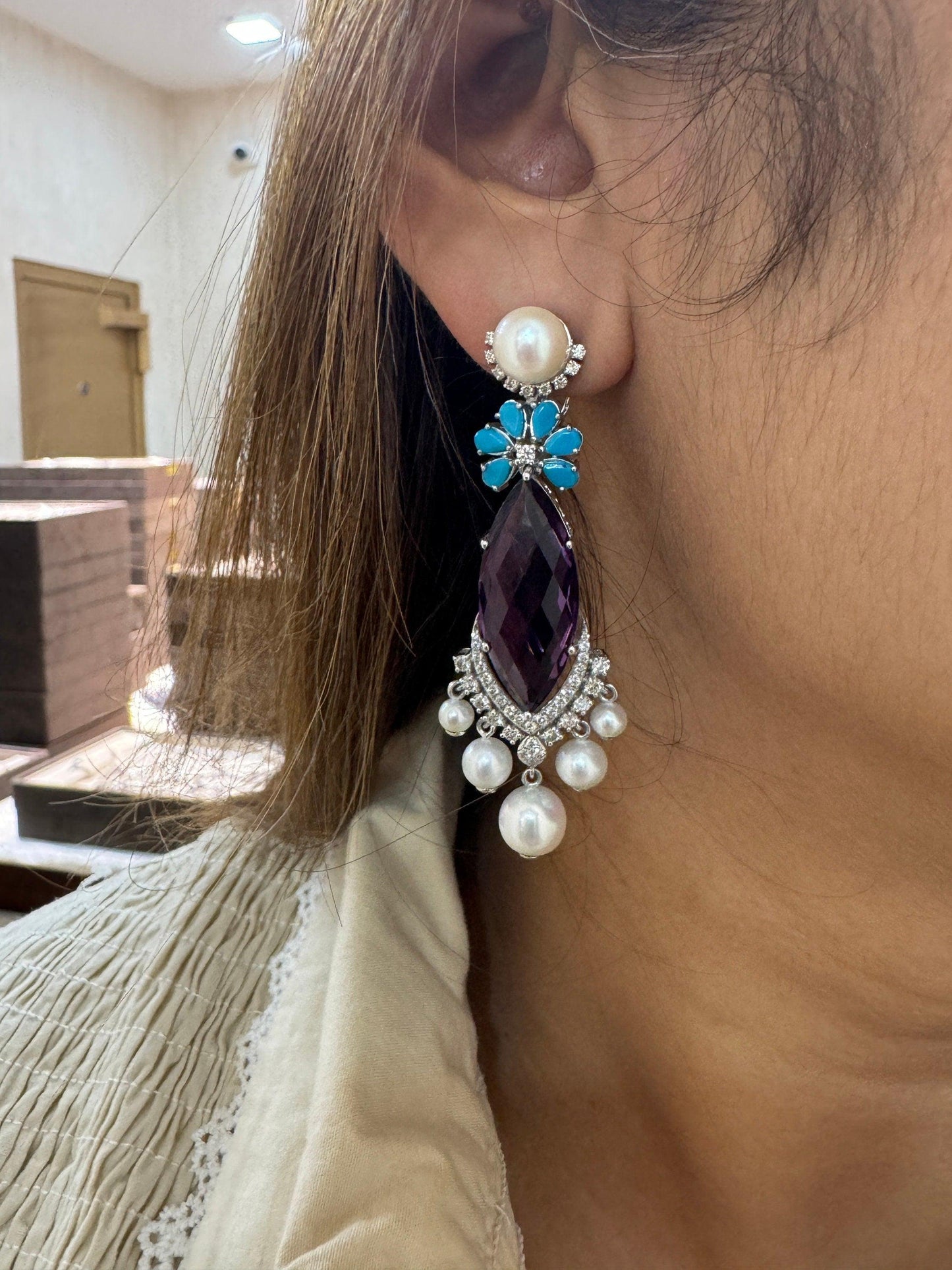 Colorful Gold Earrings 18k gold Jewelry / Amethyst Sapphire Pearl 48.22 Cts Gemstone Earrings / Purple Earrings / Bridesmaid Jewelry 62 MM