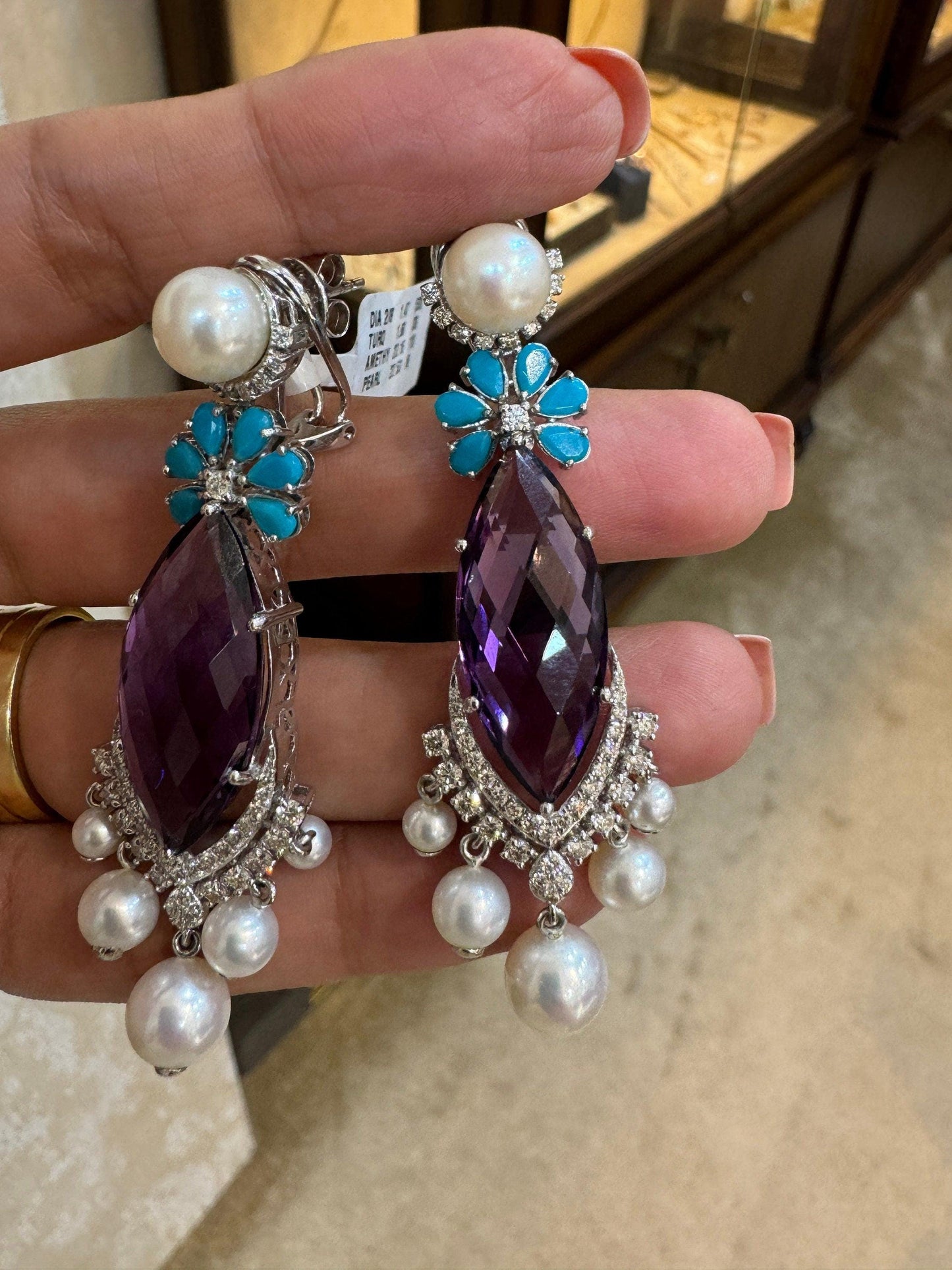 Colorful Gold Earrings 18k gold Jewelry / Amethyst Sapphire Pearl 48.22 Cts Gemstone Earrings / Purple Earrings / Bridesmaid Jewelry 62 MM