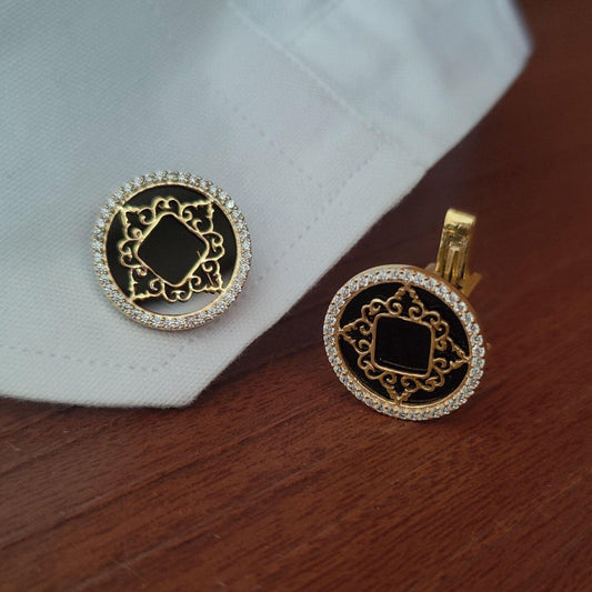 Yellow Gold Black Onyx Men Cufflink in Solid 14K Yellow Gold Natural Fine Diamond Gemstone Cufflinks Men Jewelry Gift For Dad, Groom