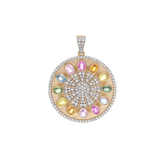 4.76 Cts Multi Color Gemstone Pendant 18k Solid Gold Jewelry / 33 MM Solid Gold Pendant Sapphire Jewelry / Diamond Pendant Certified Jewelry