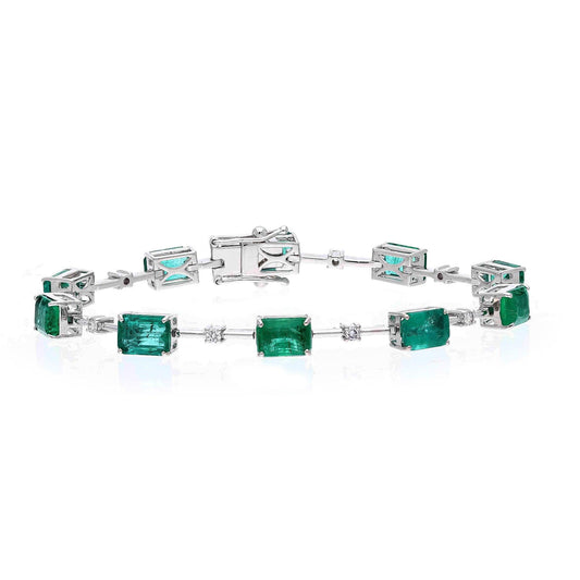 Unique Emerald Diamond Link Chain Bracelet 18k White Gold Jewelry | 6.75 Inch Emerald Cut Emerald Natural Gemstone Statement Bracelets Gold