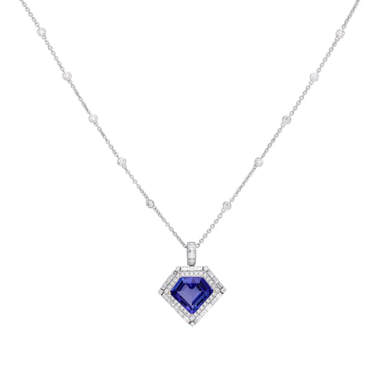 Fancy cut tanzanite diamond chain necklace gold | Tanzanite white gold diamond pendant | Diamond bezel set chain necklace | AAA tanzanite