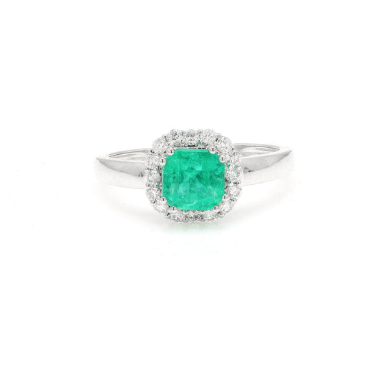 0.89 CTS. Emerald Halo Ring | 18K White Gold Natural Diamond Rings For Women | Emerald Engagement Anniversary Minimalist Ring