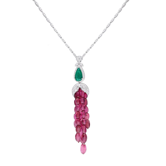 Pear cut 2.25 Cts emerald diamond pendant necklace gold / Tourmaline carved beads necklace diamond chain / 18k White gold diamond chain