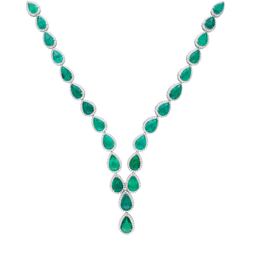Pear cut emerald diamond  white gold necklace / Halo diamond emerald long necklace / Classic emerald jewelry for her / Gift for woman