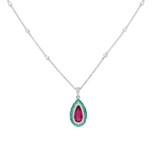 Pear cut rubellite emerald diamond pendant gold / Emerald diamond pendant necklace 18k white gold / Emerald pendant gold for her