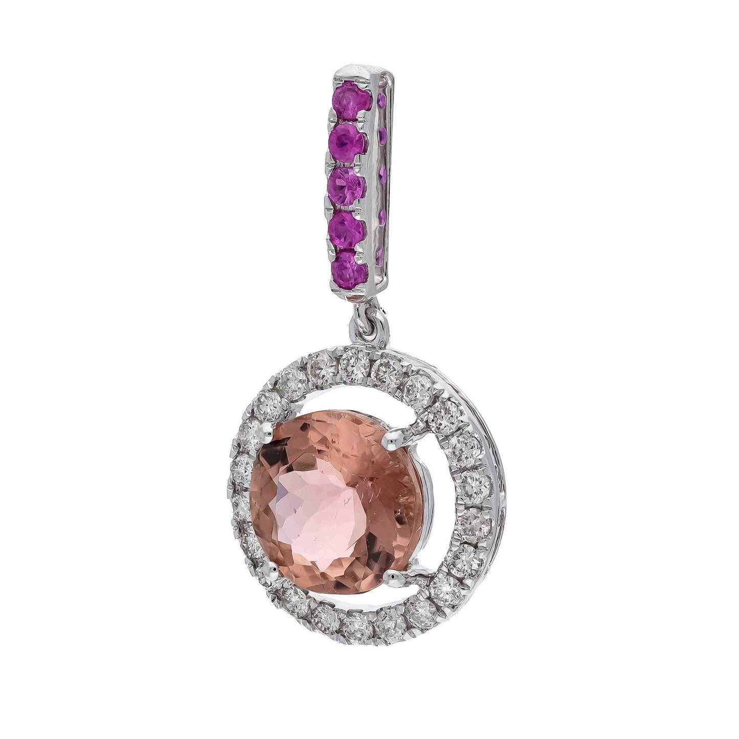 14k White Gold Pendant with 2.15cts Peach Tourmaline, Ruby and Dazzling Diamonds - Elegant Statement Piece - Anniversary Gift
