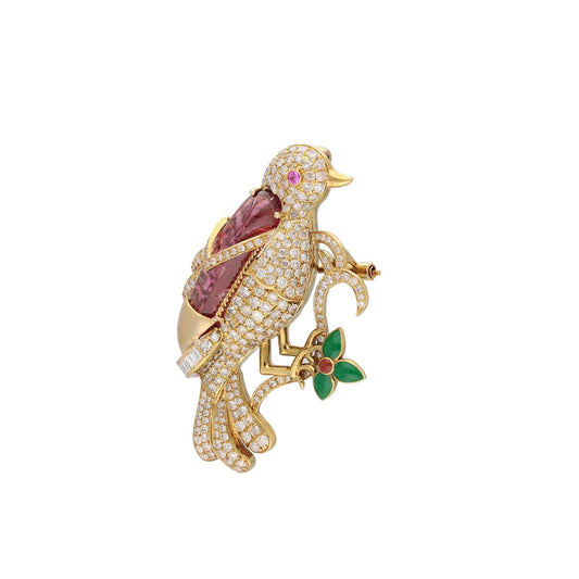 Tourmaline Bird Brooch 18k Gold Diamond Jewellery / Art Deco Style Jewelry / Animal Jewelry For Him / Natural Gemstone Brooches For Men