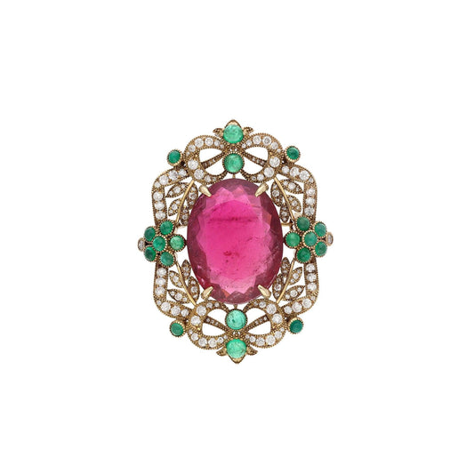 Tourmaline Vintage Brooch 18k Gold Pendant / Estate Gemstone Brooch Emerald Jewelry / Natural Gemstone Brooch For Him