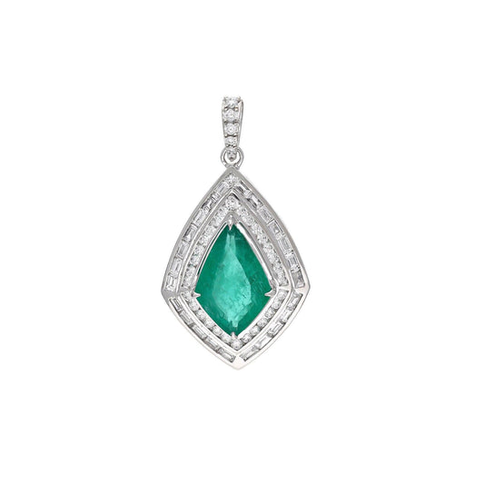 Statement Jewelry Emerald Diamond Baguette Pendant 18k White Gold Necklace, 38x20 MM Emerald Pendant Gold, Green Gemstone Jewelry For Gift