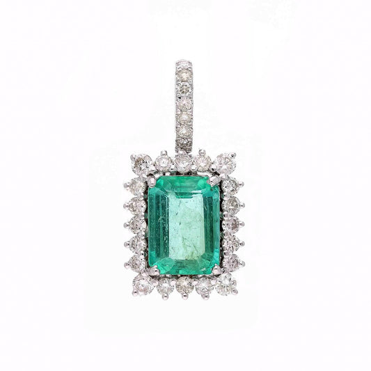 1.76 Cts. Real Emerald Diamond Halo Pendant | 18k White Gold Natural Diamond Pendant For Women | May Birthstone, Emerald Gold Jewelry