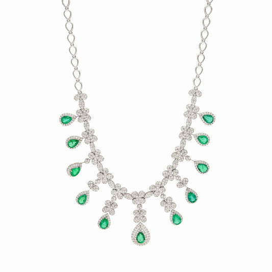 Pear Cut Emerald Gemstone Necklace, 18k White Gold Diamond Emerald Wedding Necklace, Gold Certified Diamond Statement Necklace Jewelry