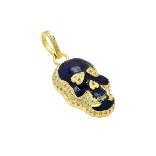 Natural Pave Diamond Skull Pendant | Blue Enamel 925 Sterling Silver Necklace Pendant | Gold Diamond Skull Pendant Jewelry Gift For Women