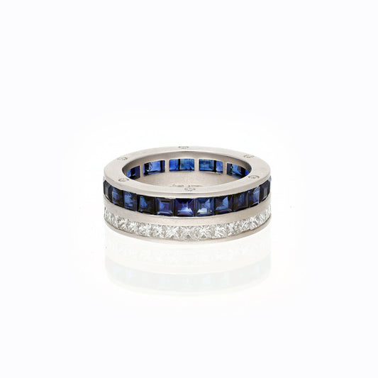 Blue Sapphire with Diamond Eternity Band Ring, 18K White Gold Square Cut Sapphire Stackable Ring, Natural Diamond Minimalist Ring For Her