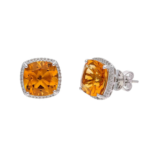 14k Gold Citrine Diamond Earring | White Gold Natural Diamond Halo Earrings For Women | Cushion Cut Citrine Gemstone Wedding Jewelry
