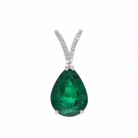 Real Emerald Diamond Gold Pendant | 18k White Gold Natural Diamond Jewelry For Her | 8X11 MMM Emerald Birthstone Pendant For Women