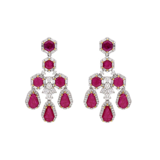 Ruby Diamond Bridal Earrings 18k Gold Estate Jewelry / 42 MM Pink Earrings For Woman / Gemstone Jewelry Red Ruby Chandelier Earrings
