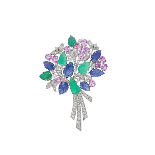 Exclusive Flower Brooch 18k White Gold Jewelry / Emerald Sapphire Gemstone Brooch Vintage Accessories / Men's Jewelry Unique Gift For Him