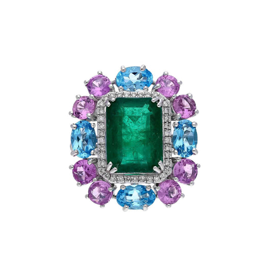 Rare 5 CT's Natural Deep Green Emerald Center with Blue Topaz, Pink Sapphire & Diamond Accents/ 18k White Gold Jewelry/ Wedding Ring For Her