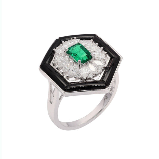 Natural Emerald Gemstone Ring | Black Onyx Statement Art Deco Rings | 18K White Gold Natural Diamond Jewelry Gift For Women Engagement