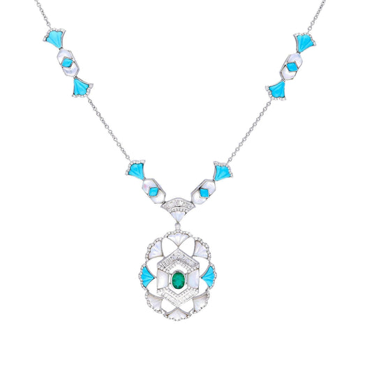 Turquoise long chain art deco necklace gold | 18k Gold diamond emerald pendant necklace | Pret couture turquoise necklace white gold
