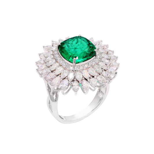 3.67 CTW. Emerald Gold Rings | Solid 18K White Gold Natural Diamond Jewelry | Cushion Cut Emerald Rings For Women | Emerald Wedding Rings
