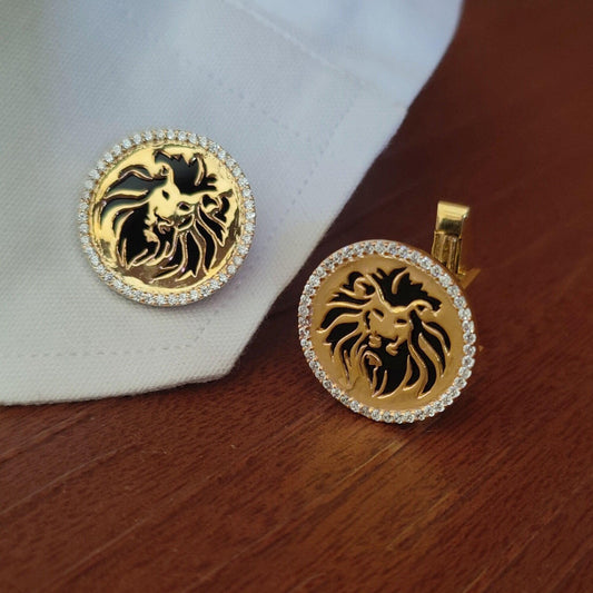 Vintage Lion Designer Gold Cufflinks, Solid 14K Gold Handmade Fine Jewelry, Pave Diamond Cufflink For Groomsmen, Black Onyx Cuff Links