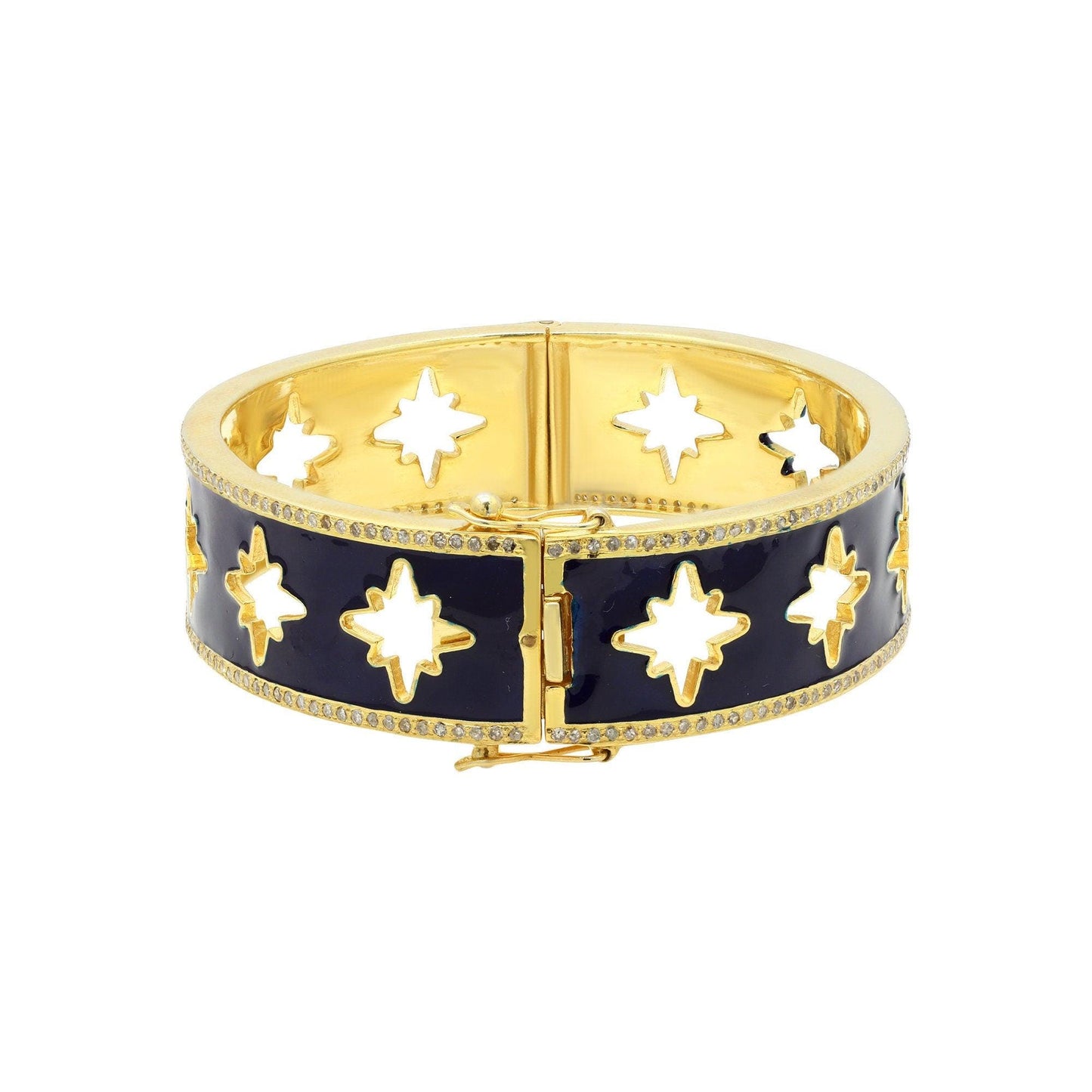 Diamond black enamel 925 silver bangle / Black and gold openable cuff bangle 925 silver jewelry / Prong set diamond stackable bangle for her