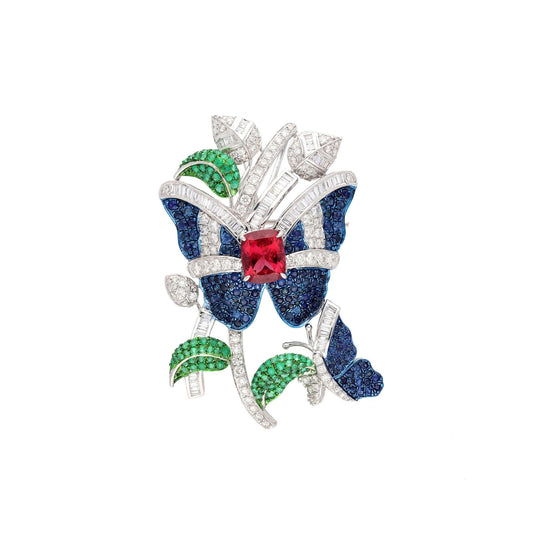 18k white gold unisex brooch with natural emerald sapphire rubellite and real diamond pendant, 60 MM length, diamond brooch for men woman