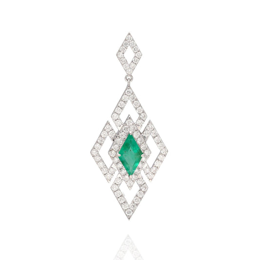 Vintage Emerald Diamond Pendant in Solid 18K White Gold, Natural Diamond Minimalist Pendants For Women, Kite Shape Emerald Pendant Jewelry