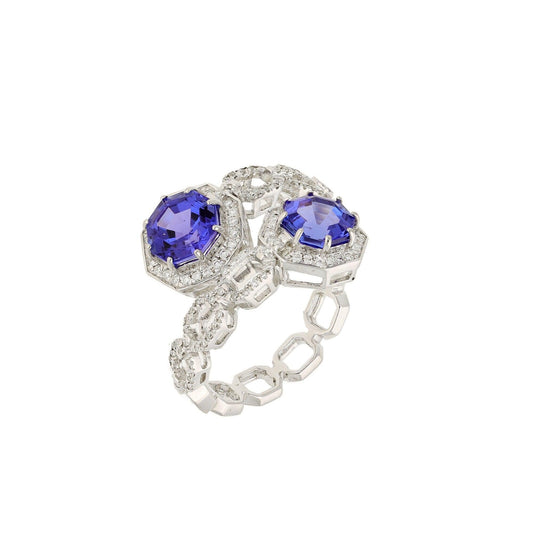3.20 Cts. Natural Tanzanite Diamond Gold Engagement Ring, 18k White Gold Bypass Diamond Rings For Wedding, Tanzanite Gemstone Jewelry Gift