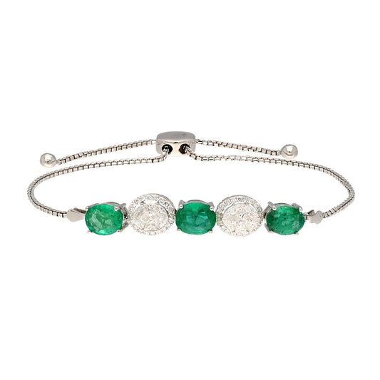 5.38 CTS. Natural Diamond Emerald Gold Bracelet, Solid 18k White Gold Diamond Jewelry, Emerald Birthstone Slider Bolo Bracelets For Birthday