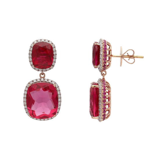 Glass Filled Ruby Gemstone Gold Earrings | Natural Diamond Gold Earring | 18k Rose Gold Dangle Earring Gift For Wedding Anniversary
