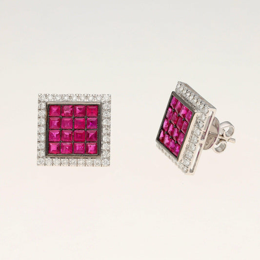 Dainty Ruby Diamond Gold Earring | 18K White Gold Natural Diamond Earrings For Women | Natural Ruby Halo Earrings | Ruby Bridal Jewelry Gift