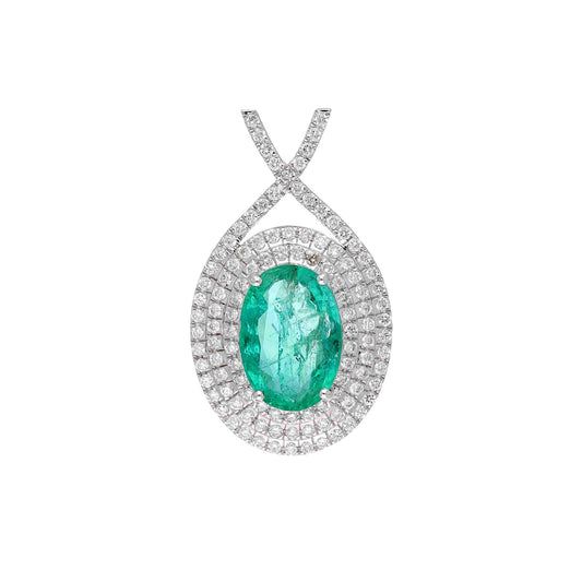 2.06 Cts. Natural Emerald & Diamond Pendant | 18k White Gold Natural Diamond Halo Necklace Pendants For Her | Emerald Minimalist Pendant