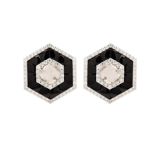 Natural Polki Diamond Stud in Solid 14K White Gold Jewelry | Gold Black Onyx Earrings For Women | Pave Diamond Stud Earring Gift For Her