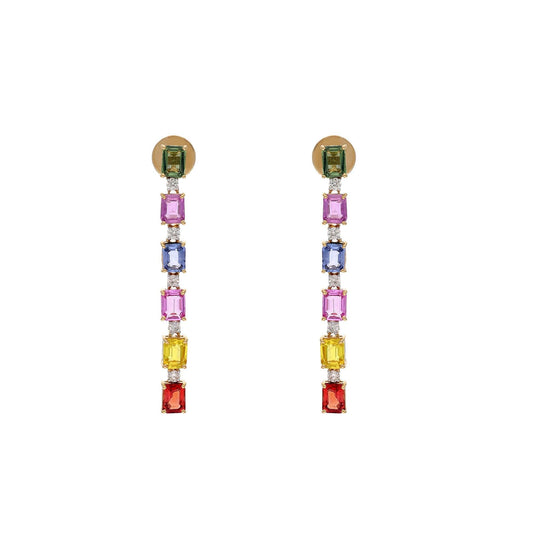 Natural Sapphire Gemstone Earrings 18k Gold / Rainbow Sapphire Dangle Earrings / Multi Color Gemstone Jewelry Diamond Earrings 42 MM Long