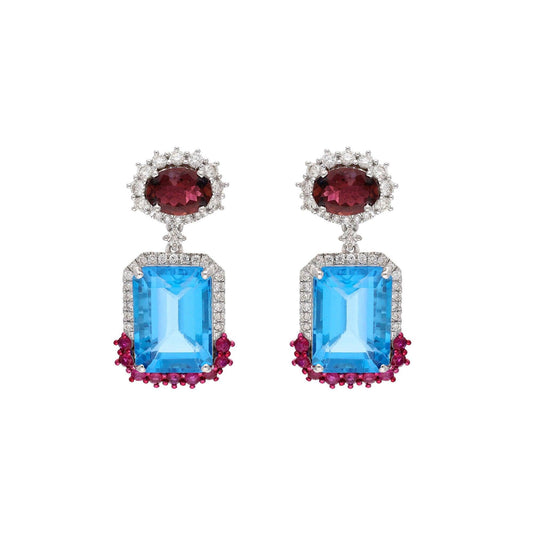 Tourmaline Blue Topaz Diamond Dangle Drop Earring 18k Gold Jewelry / Red Gemstone Bride Earrings Gold / Blue Stone Art Deco Style Jewelry