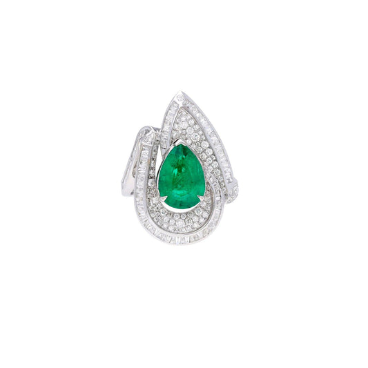 4.02 Cts luminous emerald designer ring / 18k Solid white gold diamond jewelry / 10.8X8.9mm pear cut emerald gemstone ring / Ring for woman