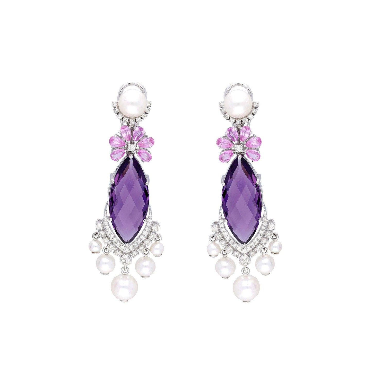 Colorful Gold Earrings 18k gold Jewelry / Amethyst Sapphire Pearl 48.22 Cts Gemstone Earrings / Purple Earrings / Bridesmaid Jewelry 62 MM
