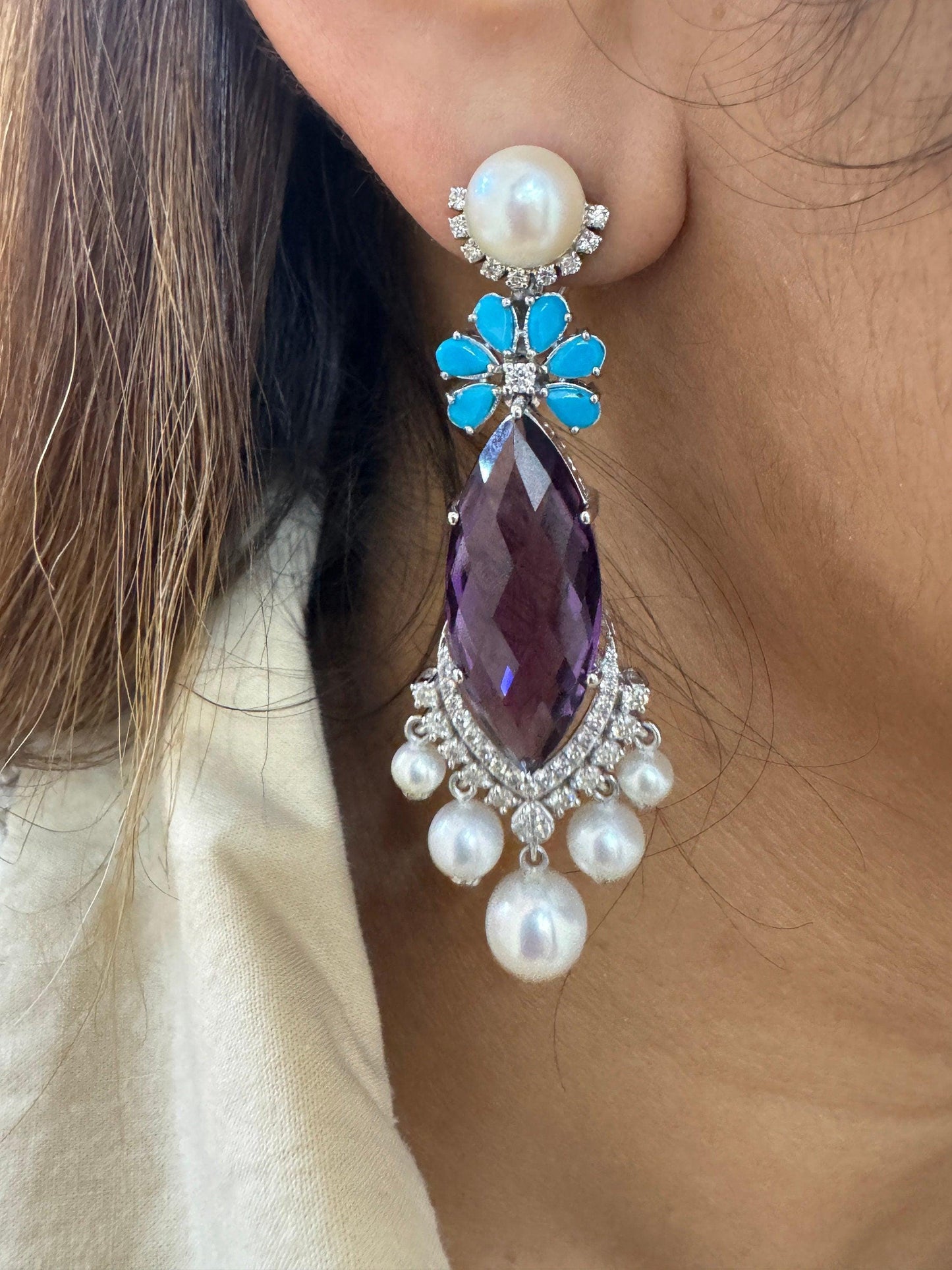 Colorful Gold Earrings 18k gold Jewelry / Amethyst Sapphire Pearl 48.22 Cts Gemstone Earrings / Purple Earrings / Bridesmaid Jewelry 62 MM