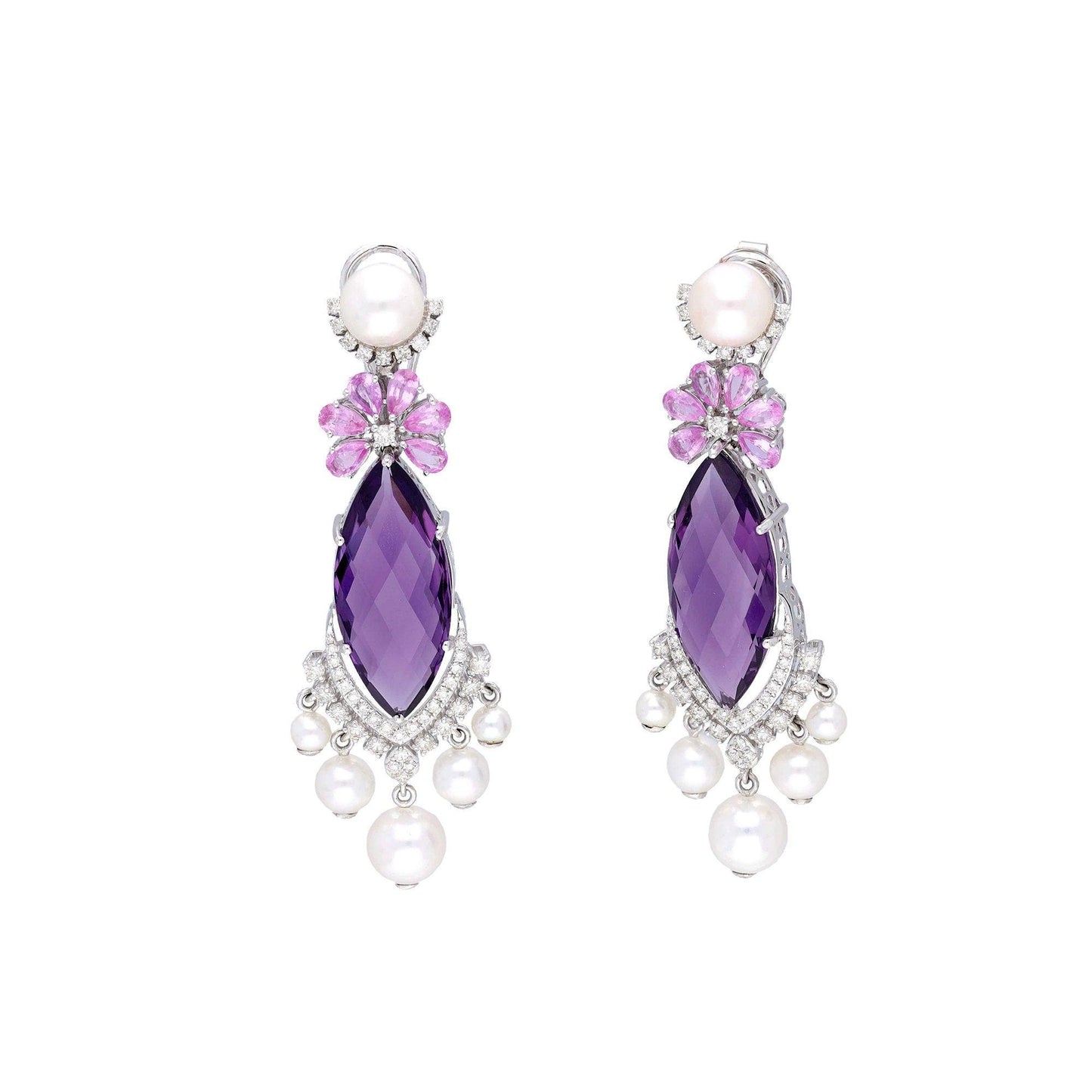 Colorful Gold Earrings 18k gold Jewelry / Amethyst Sapphire Pearl 48.22 Cts Gemstone Earrings / Purple Earrings / Bridesmaid Jewelry 62 MM