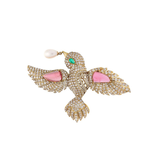 Bird Brooch 18k Gold Jewelry / Tourmaline Emerald Diamond Brooch / Vintage Men Accessories Unique Gemstone Bird Jewelry