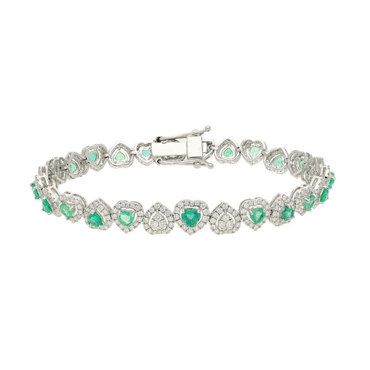 18k White Gold Emerald Diamond Bracelet, Certified Natural Diamond & Heart Cut Emerald Statement Bracelets For Women Engagement Gift
