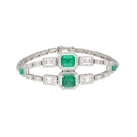 18k Solid Gold Emerald Bracelet, Genuine Emerald Gemstone Bracelets, White Gold Natural Diamond Bracelet For Women, Emerald Diamond Bracelet