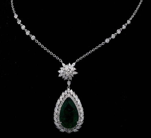 Pear Shape Zambian Emerald Pendant Necklace | Solid 18K White Gold Statement Necklace For Her | gold necklaces for women