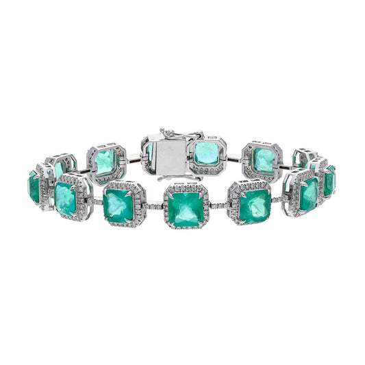 Cushion cut emerald diamond statement bracelet for woman / 18k white gold diamond stackable bracelet / Emerald diamond bracelet 7 Inch