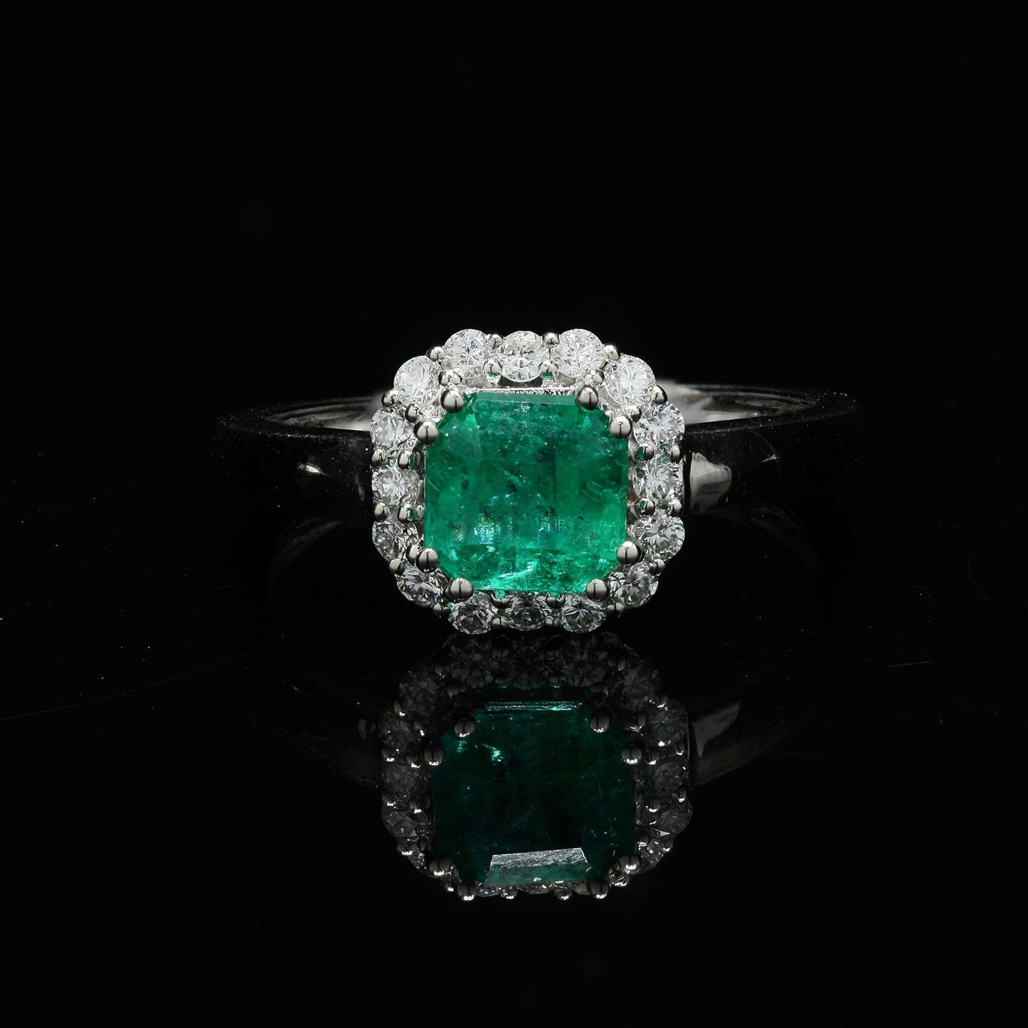 0.89 CTS. Emerald Halo Ring | 18K White Gold Natural Diamond Rings For Women | Emerald Engagement Anniversary Minimalist Ring
