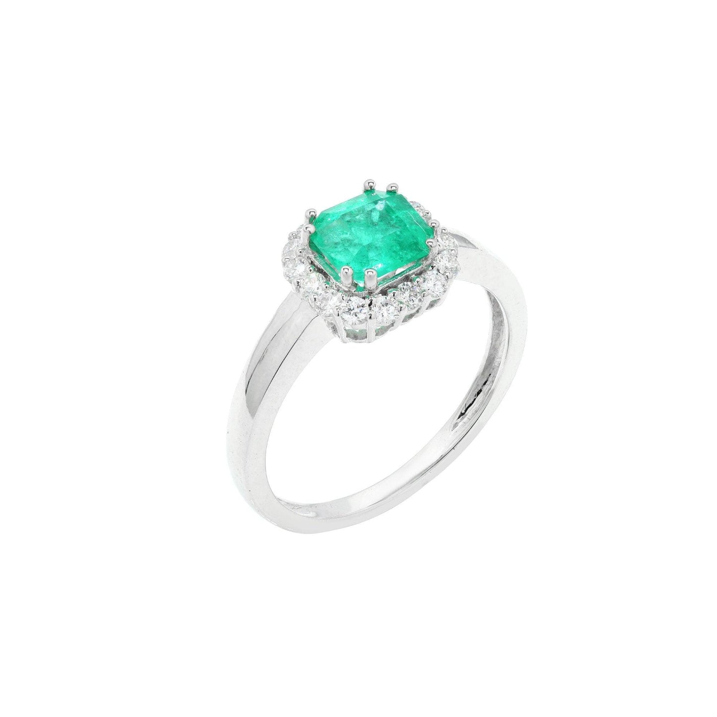 0.89 CTS. Emerald Halo Ring | 18K White Gold Natural Diamond Rings For Women | Emerald Engagement Anniversary Minimalist Ring